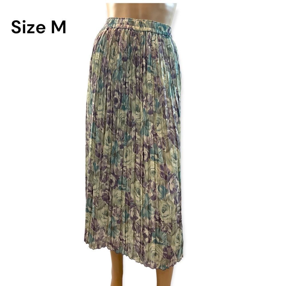 D’amour Women’s Vintage Crepe Blue Floral Pleated Elastic Waist Skirt Size M